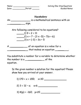 Preview of One Step Equations Guided Notes