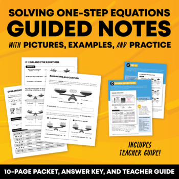 Preview of One-Step Equations Guided Notes Packet with Pictures, Examples, and Practice