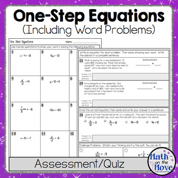 One Step Equations Quiz or Worksheet (Includes Word Problems!) | TpT