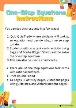 Preview of One-Step Equations Task cards and Quiz Quiz Trade (2 in 1)