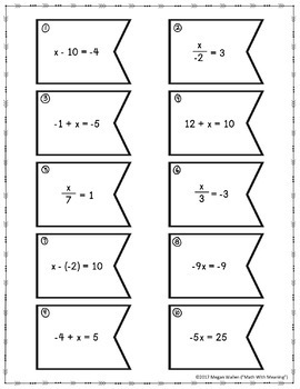 One Step Equations (With Integers) Matching Activity CCSS 7 EE B 3