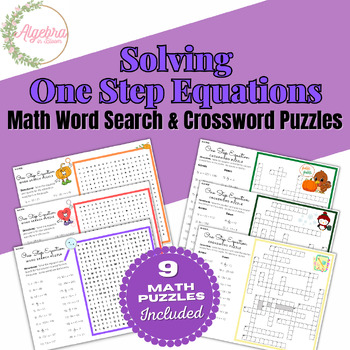 Preview of One Step Equations Word Search & Crossword Puzzle Math Activity Bundle