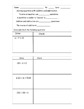 Preview of One-Step Equations Worksheet & Notes