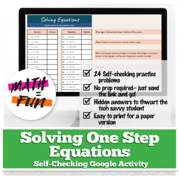 Preview of One-Step Equations with Addition / Subtraction: Self Checking Google Worksheet