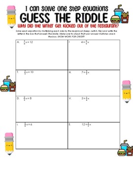 Preview of Solving One Step Equations with Fraction Coefficients Riddle with Exit Tickets