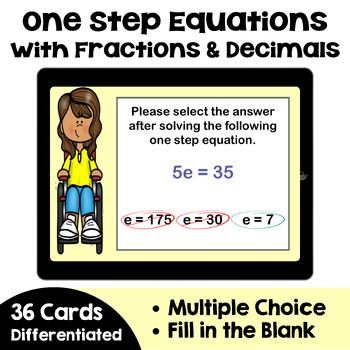 Preview of One Step Equations with Fractions and Decimals Boom Cards - Self Correcting