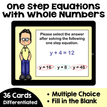 Preview of One Step Equations with Whole Numbers Boom Cards - Self Correcting