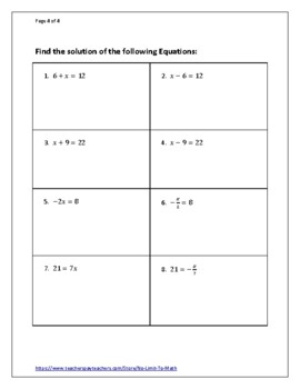 One Step Linear Equations-Study Guide & Worksheet by No limit to Math
