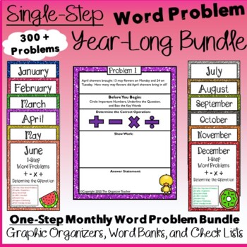 Preview of One Step Word Problems Year Long BUNDLE (12 months of Problems)
