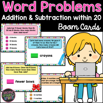 Preview of Addition & Subtraction Word Problems Boom Cards | Facts within 20 | with Audio