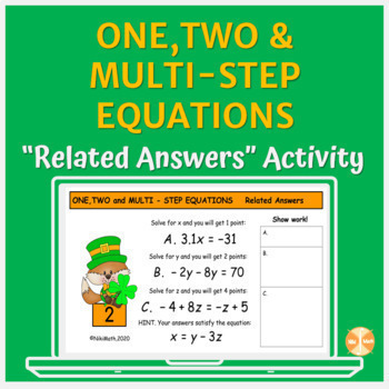 Preview of One,Two & Multi-Step Equations -"Related Answers" St.Patrick's Day Activity
