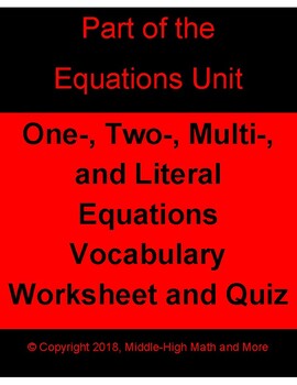 Preview of One-, Two-, Multi-Step, and Literal Equations Vocabulary Worksheet and Quiz