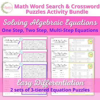 Preview of One, Two & Multi step Equations Word Search & Crossword Puzzle Activity Bundle
