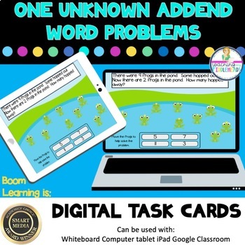Preview of One Unknown Addend Word Problems Digital Boom Task Cards