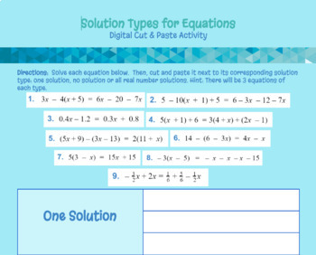 Preview of One Variable Equations Special Cases Digital Cut and Paste