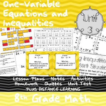 Preview of One-Variable Equations and Inequalities - Unit 3 - 8th Grade + Distance Learning