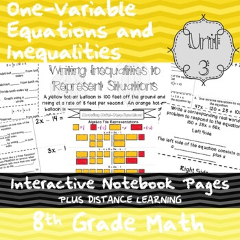 Preview of One-Variable Equations and Inequalities-Unit 3-8th Grade-Notes + Distance Learn