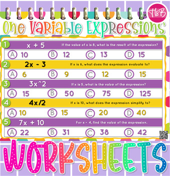 Preview of One Variable Expressions Worksheets  | Math Printables