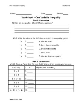 Preview of One Variable Inequality Worksheet - Bloom's Taxonomy