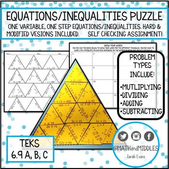 Preview of One Variable One Step Equations and Inequalities Puzzle TEKS 6.9