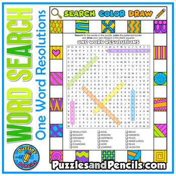 Preview of One Word Resolutions Word Search Puzzle with Coloring | Search, Color, Doodle