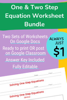 Preview of One and Two Step Equations Worksheet Bundle