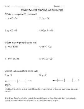 Preview of One and Two-Step Equations and Inequalities Test