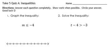 Preview of One and Two Step Inequality Take 5 Quiz
