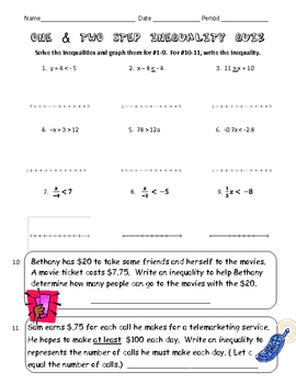 Preview of One and Two Step Solving, Writing, and Graphing Inequality Quiz