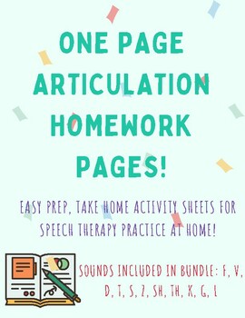 Preview of One-page, Articulation Homework Activity Sheets - Speech Therapy