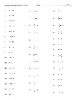 One Step Multiply Divide Equations Worksheet Practice Various Fractions