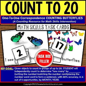 Preview of One to One Correspondence Spring Counting to 20 BUTTERFLIES Task Box Filler