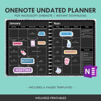 Preview of OneNote Undated Digital Planner - Monthly Calendar Daily Planner With Stickers