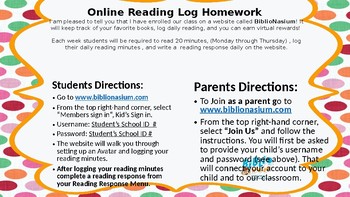 Preview of Online Reading Log Homework EDITABLE