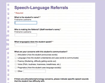 Preview of Online Speech and Language Referral Form (Google Form)