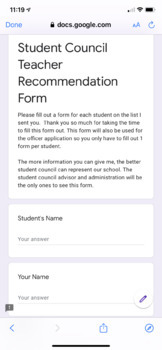Preview of Online Student Council Teacher Recommendation Form
