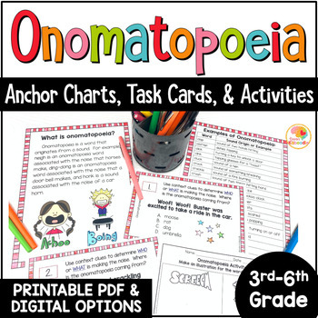 Preview of Onomatopoeia Lesson and Activity: Anchor Charts, Task Cards, and Worksheets