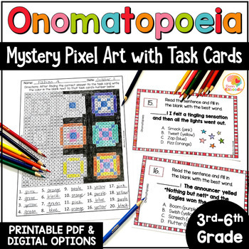 Preview of Onomatopoeia Color by Number Pixel Art Task Cards Activity w/ Digital Option