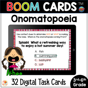 Preview of Onomatopoeia BOOM CARDS Task Cards Figurative Language Activity Digital Resource