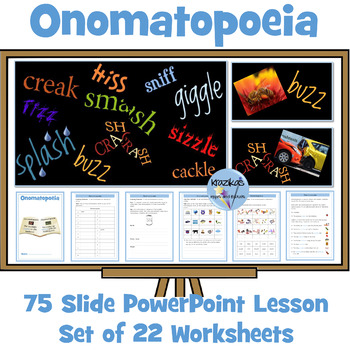 Preview of Onomatopoeia - PowerPoint Lesson and Worksheets