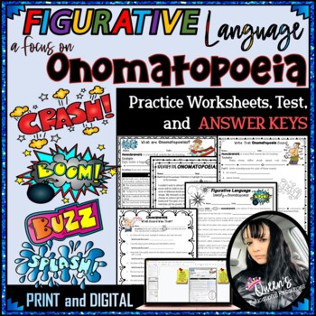 Preview of Figurative Language - ONOMATOPOEIA  Worksheets, Test, KEYS (Print and Digital)