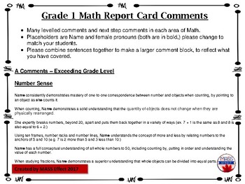 Grade 1 Math Parent Friendly Report Card Comments - All Terms by MASS ...