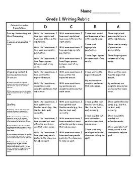 Ontario Grade 1 Writing Rubric by Mme Miriam | TPT