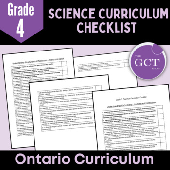 Preview of Ontario Grade 4 Science NEW 2022 Curriculum Checklist 