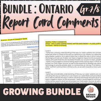 Preview of Ontario Report Card Comments Grade 7 and 8 GROWING BUNDLE with Sample Comments