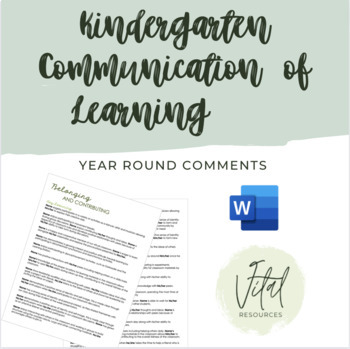 Preview of Ontario Kindergarten Communication of Learning Report Card Comments/ Assessment