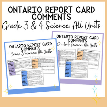 Preview of Ontario Report Card Comments | Grade 3 & 4 | Science Comments | All Units