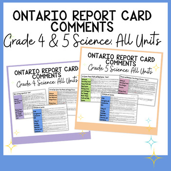 Preview of Ontario Report Card Comments | Grade 4 & 5 | Science Comments | All Units
