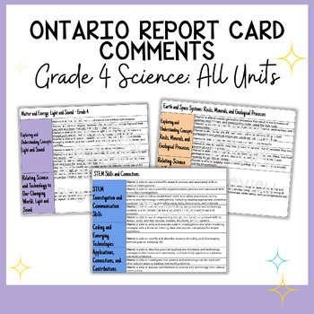 Preview of Ontario Report Card Comments | Grade 4 Science | All Units