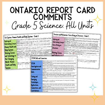 Preview of Ontario Report Card Comments | Grade 5 Science | All Units